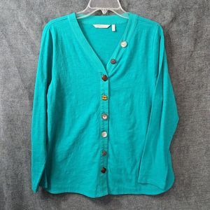 Soft Surroundings Women's sz Lg Green Button Front Cardigan Jacket Cotton
